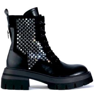 Azalea Wang Black Leather Rhinestone Embellished  Lace Up Combat Boots